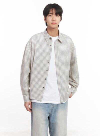 mens-loose-fit-checkered-collared-shirt-ia510 / Light beige