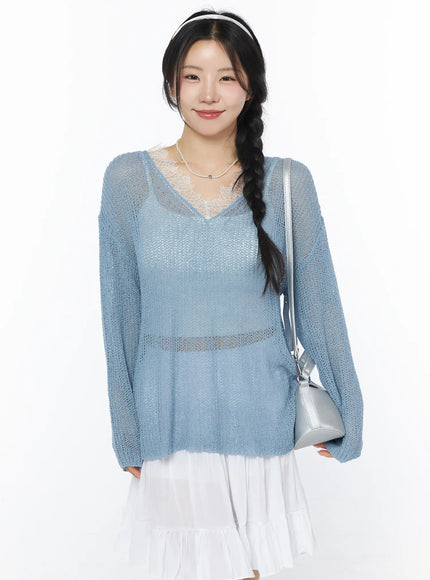sheer-v-neck-knit-top-cy522 / Light blue