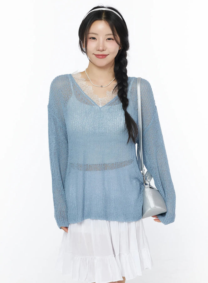 sheer-v-neck-knit-top-cy522 / Light blue