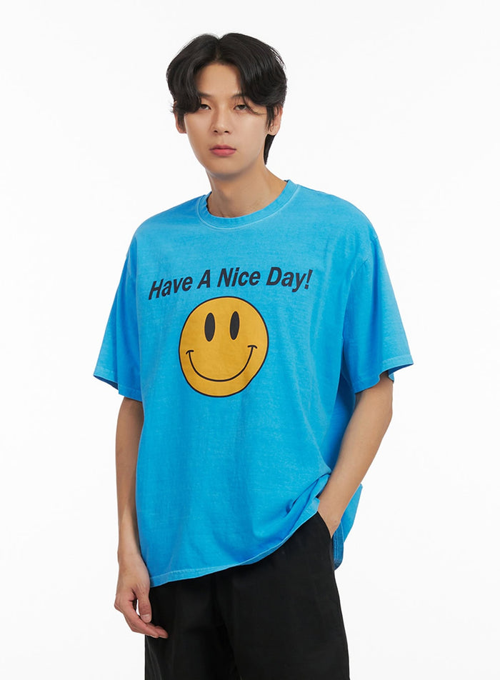mens-smile-graphic-lettering-t-shirt-iy416 / Light blue