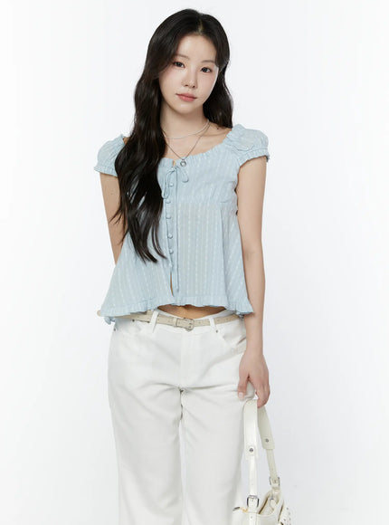 ruffled-off-shoulder-blouse-iy507 / Light blue