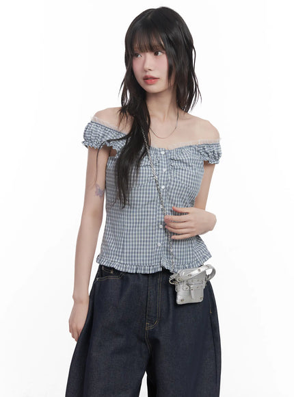 plaid-frill-off-shoulder-top-cu519 / Light blue