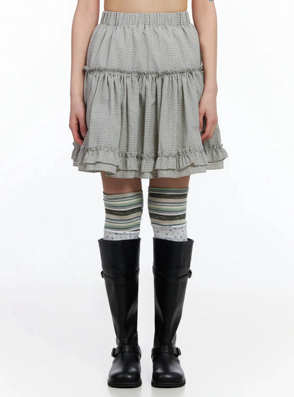 tiered-plaid-frill-midi-skirt-ia523 / Light blue