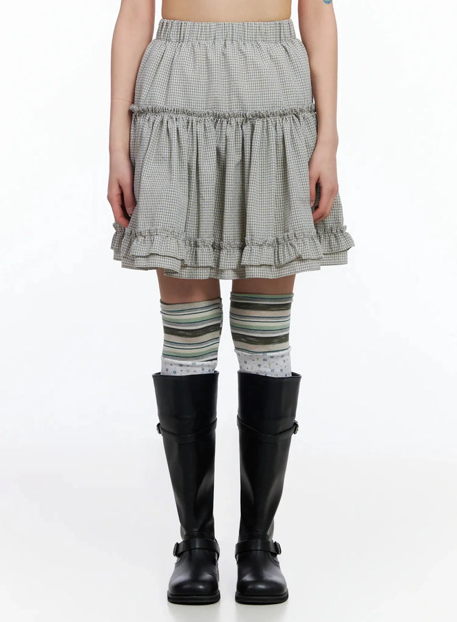 tiered-plaid-frill-midi-skirt-ia523 / Light blue