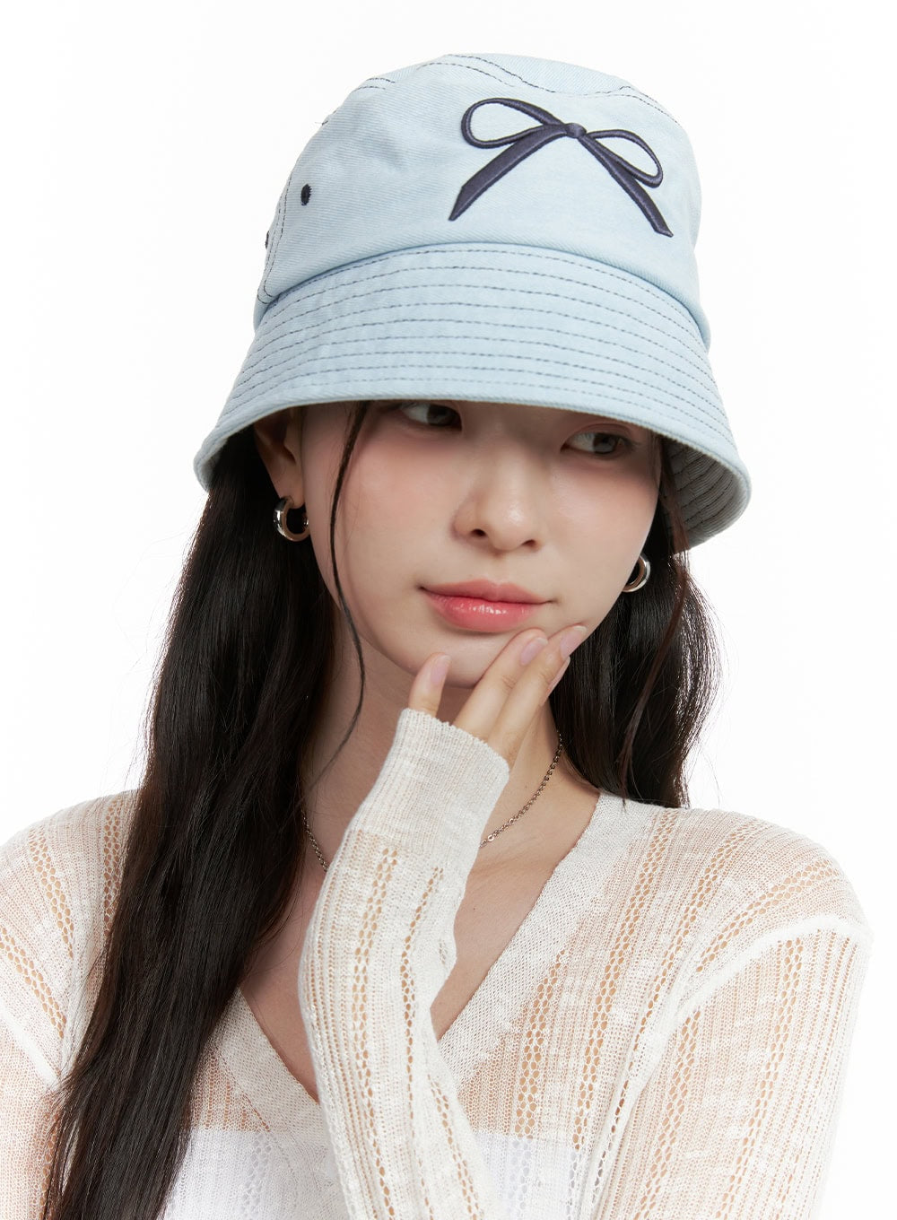 denim-ribbon-graphic-bucket-hat-ol417 / Light blue