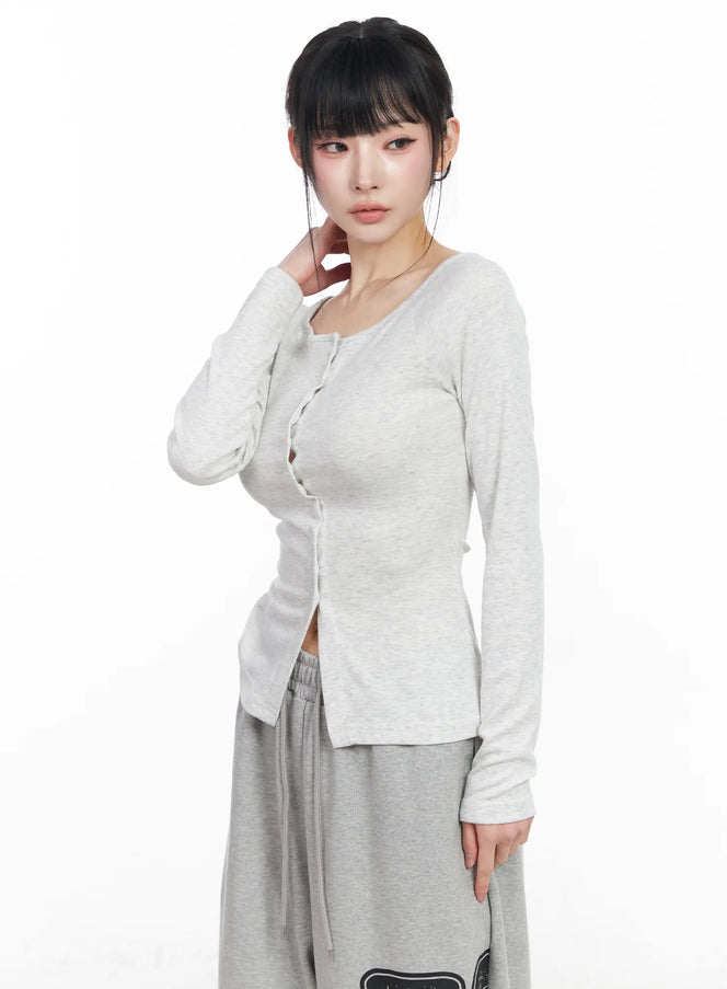 off-shoulder-button-up-long-sleeve-top-cf518 / Light gray