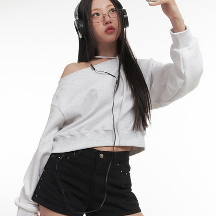 string-one-shoulder-crop-sweatshirt-cf526 / Light gray
