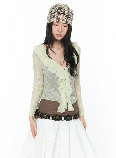 sheer-ruffle-faux-pearl-cardigan-ca527 / Light green