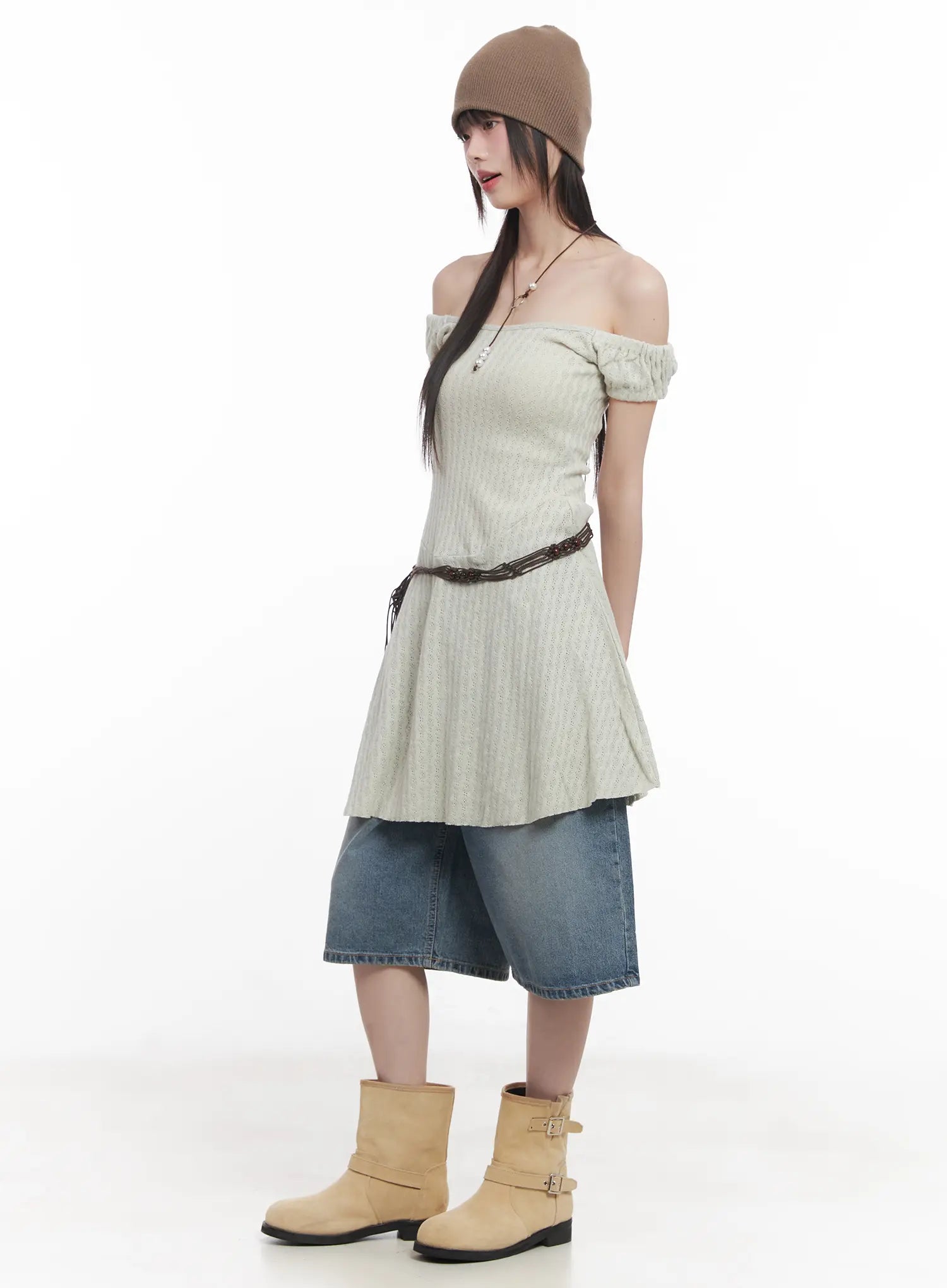 off-shoulder-flared-midi-dress-cu518 / Light green