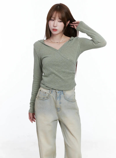 v-neck-wrap-buttoned-hoodie-cs501 / Light green