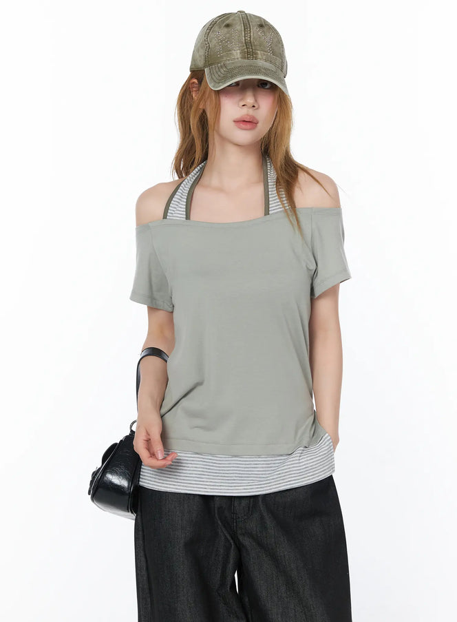 striped-halter-off-shoulder-tee-cy508 / Light green