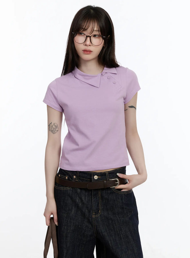 asymmetrical-collar-short-sleeve-top-ca501 / Light purple