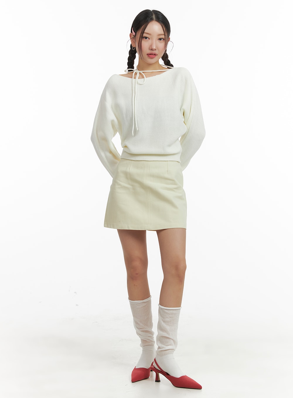 cotton-solid-mini-skirt-om429 / Light yellow