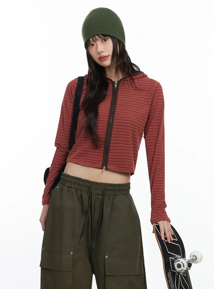 slim-fit-striped-zip-up-hoodie-f516 / Orange