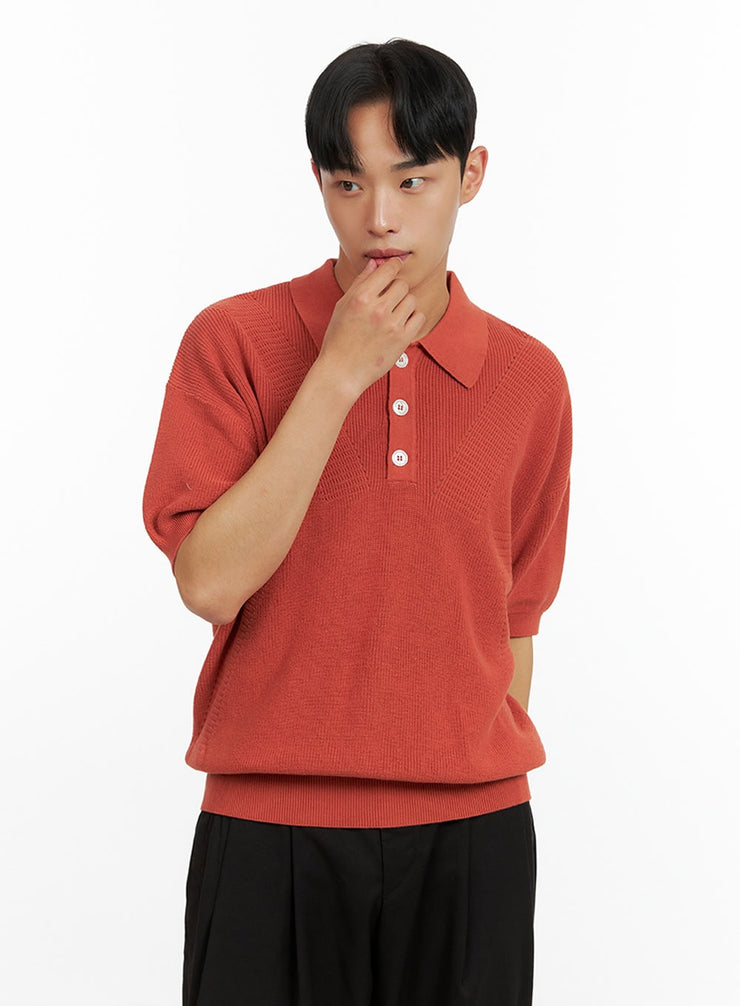 mens-cotton-collar-buttoned-t-shirt-iu414 / Orange