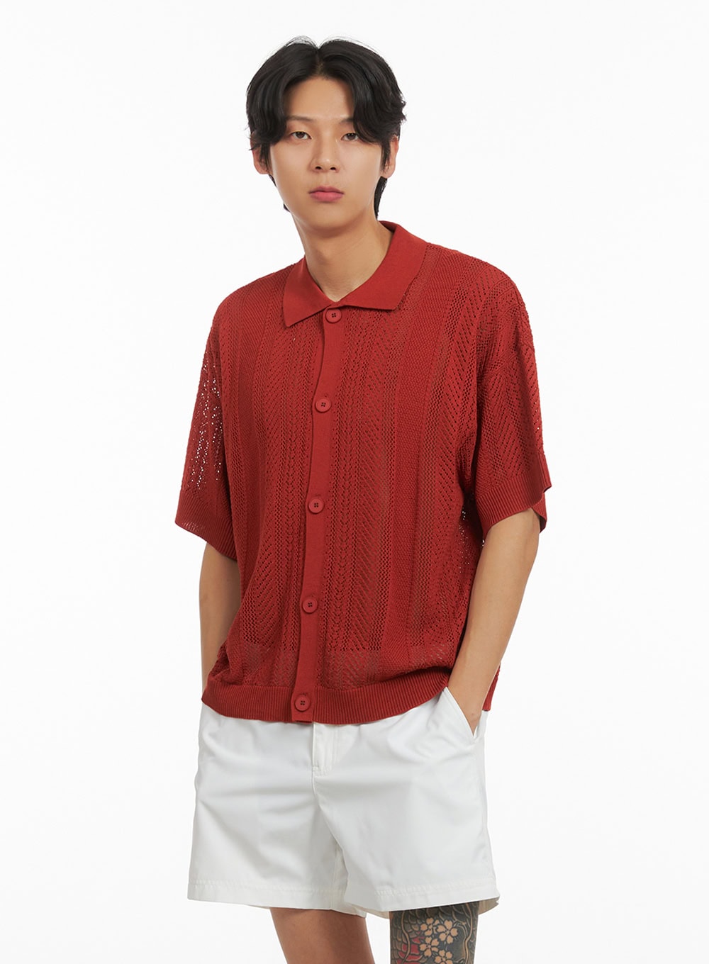 mens-short-sleeve-summer-knit-button-up-top-iy416 / Orange