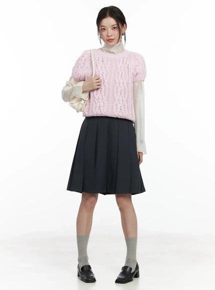 cable-knit-short-sleeve-top-if524 / Pink