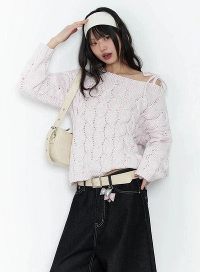 boat-neck-cable-knit-top-if505 / Pink