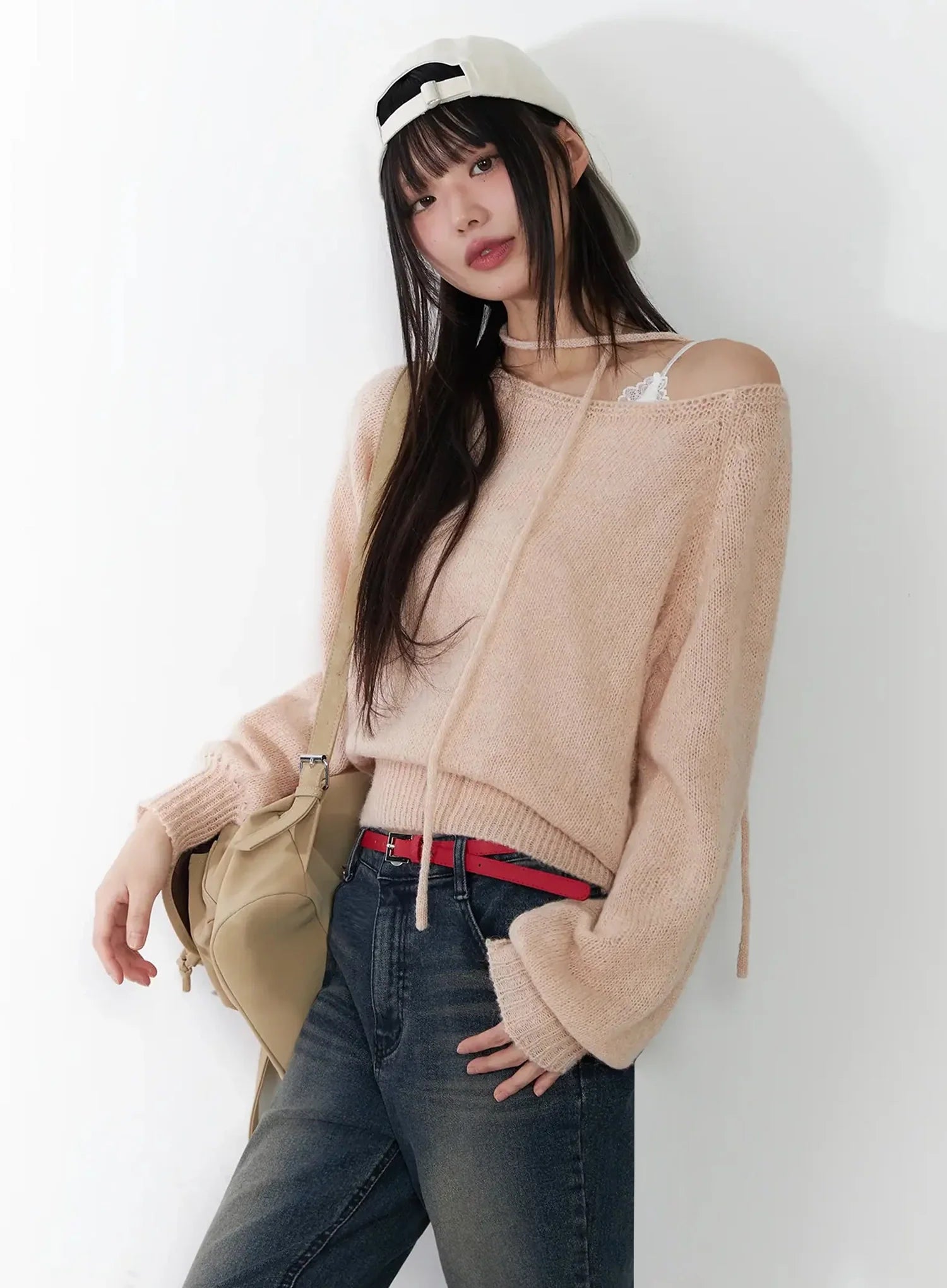 chic-off-shoulder-knit-sweater-and-thin-scarf-set-f517 / Pink