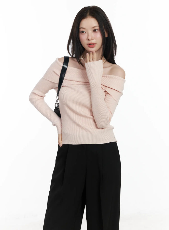 ribbon-off-shoulder-knit-long-sleeve-top-if520 / Pink