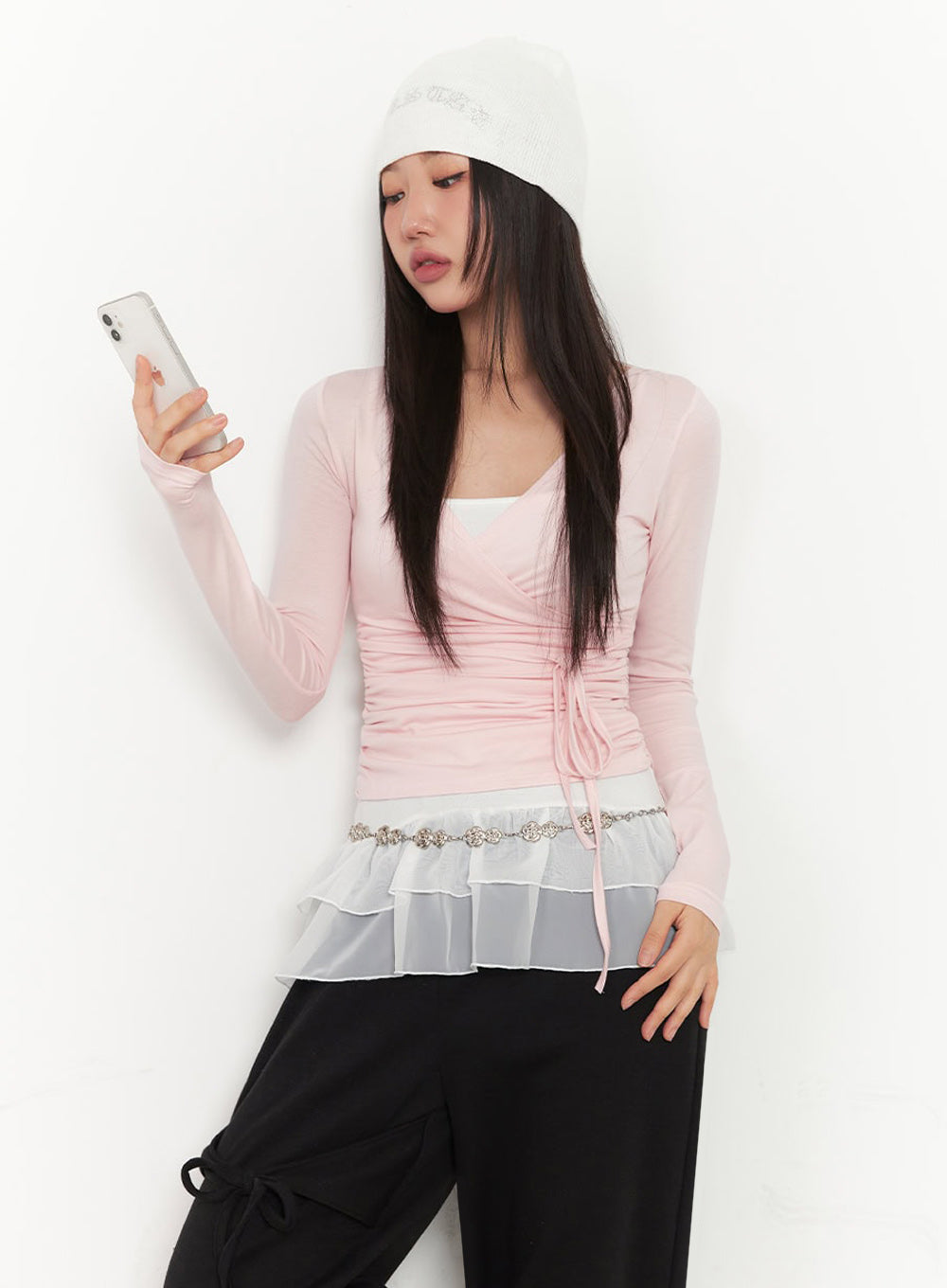 wrap-shirred-long-sleeve-crop-top-ia524 / Pink