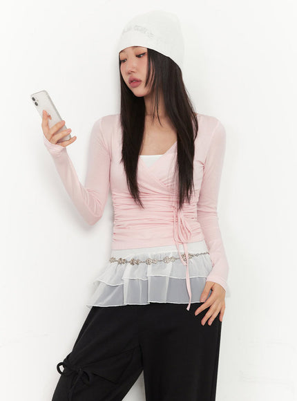 wrap-shirred-long-sleeve-crop-top-ia524 / Pink