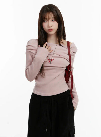 fleece-off-shoulder-long-sleeve-top-ij521 / Pink