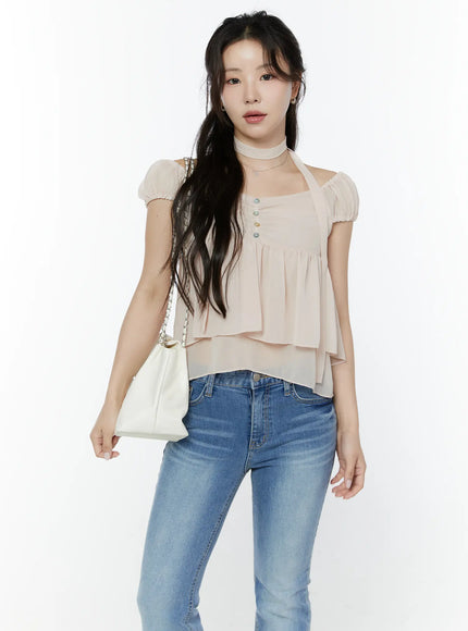 chiffon-layered-blouse-and-skinny-scarf-set-iy511 / Pink
