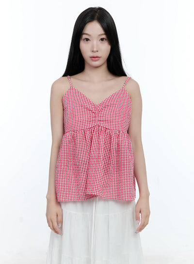 gingham-shirred-strap-blouse-cl530 / Red