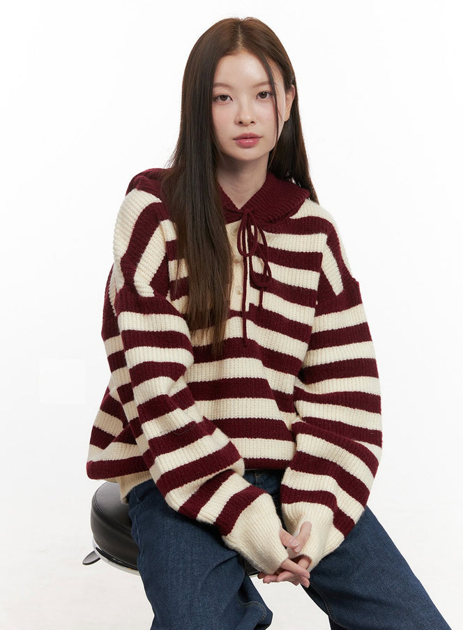 oversized-striped-hoodie-od417 / Red