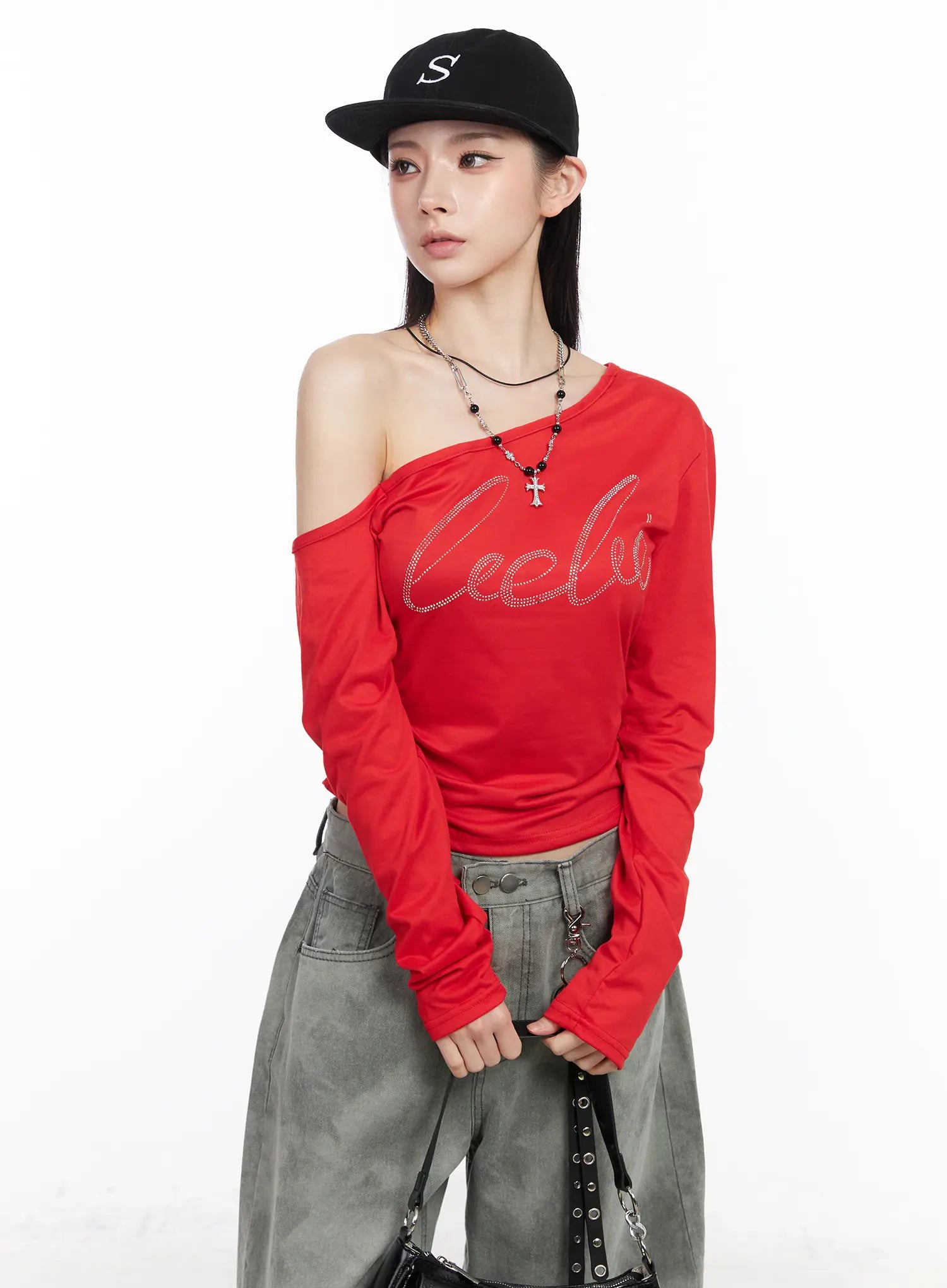 rhinestone-asymmetric-off-shoulder-long-sleeve-top-cm519 / Red