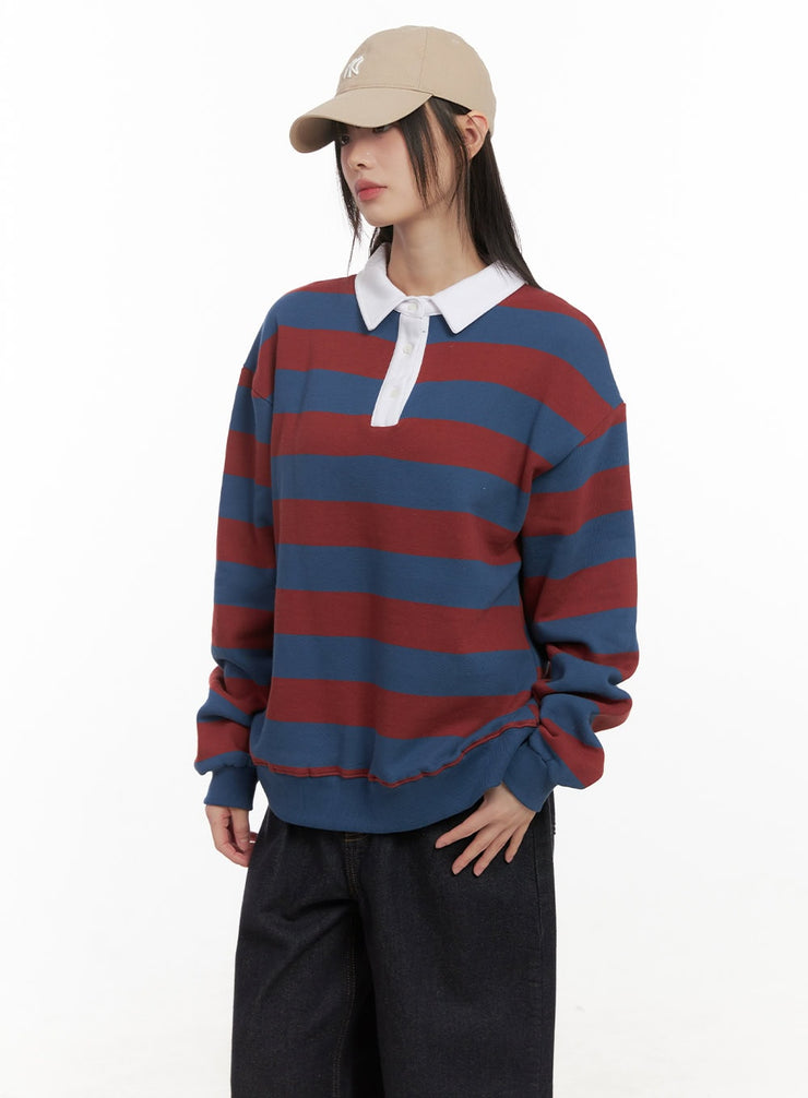 striped-long-sleeve-oversized-polo-cd430 / Red