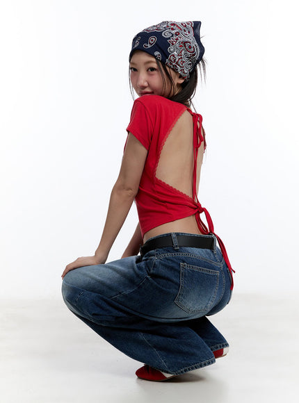 lace-backless-crop-top-iu503 / Red