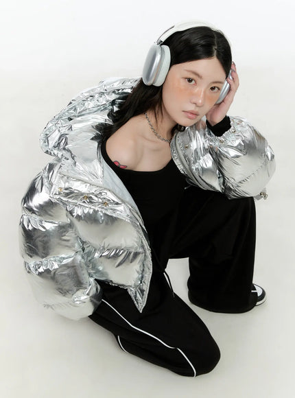 shiny-hooded-puffer-jacket-cn517 / Silver