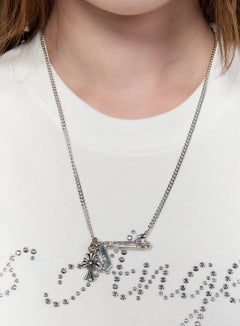 gothic-double-cross-safety-pin-necklace-ca527 / Silver