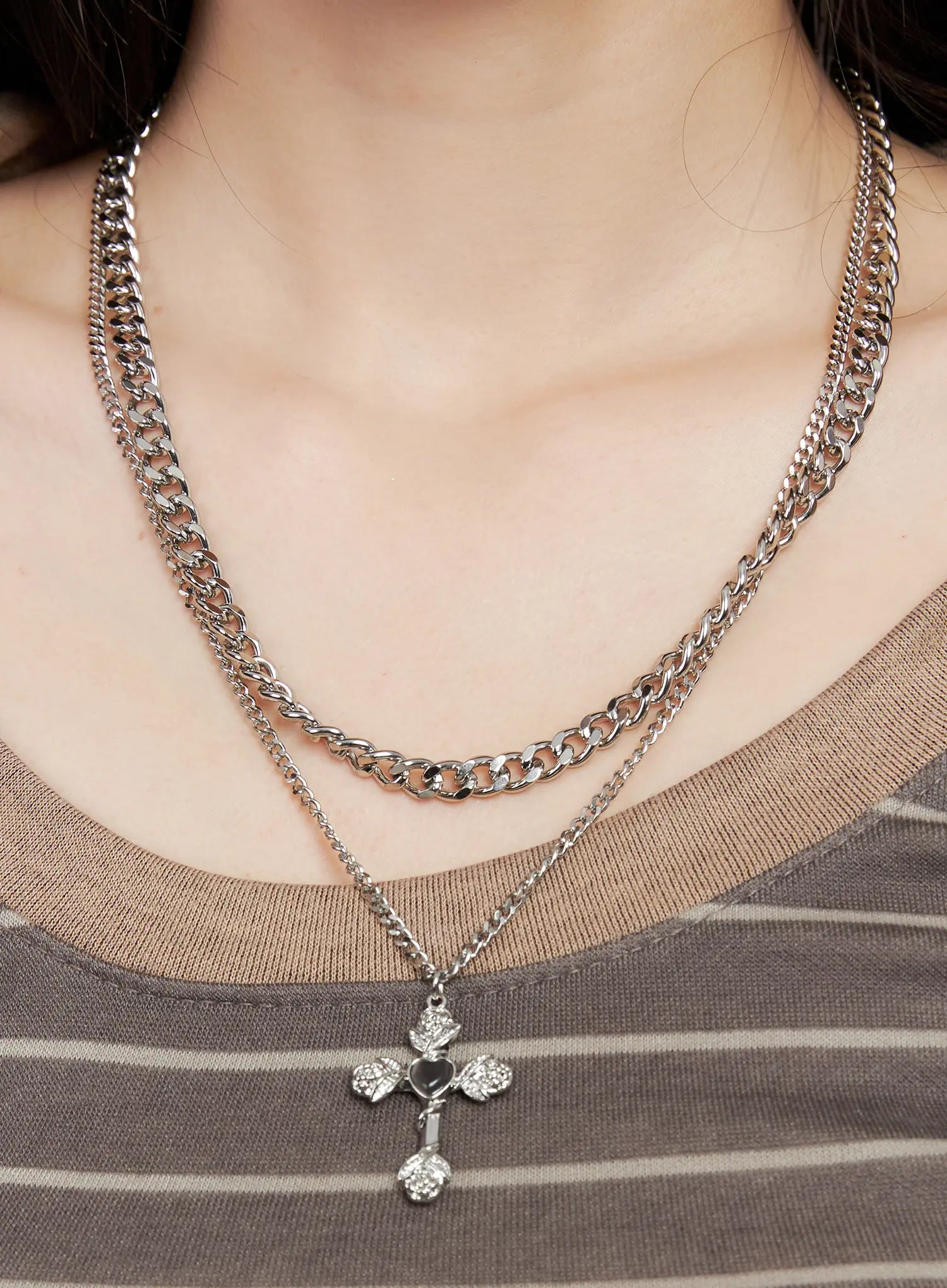 layered-rose-heart-cross-pendant-necklace-cg526 / Silver