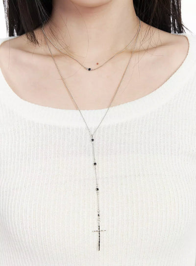long-vintage-cross-necklace-set-if502 / Silver
