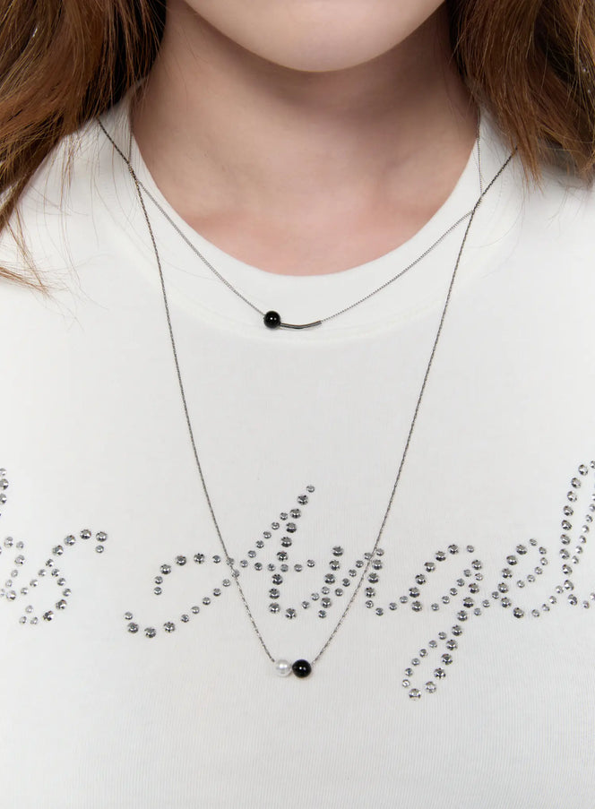 Black Faux Pearl Layered Necklace CA527