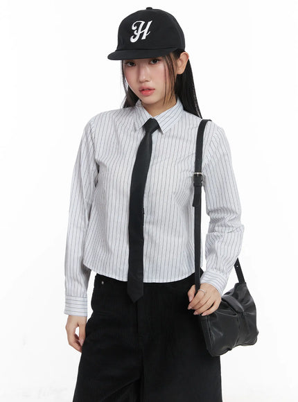 striped-crop-button-up-shirt-cd529 / White