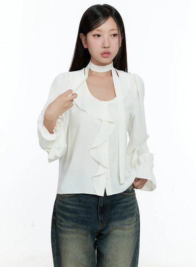 ruffled-chiffon-blouse-with-scarf-set-cs518 / White