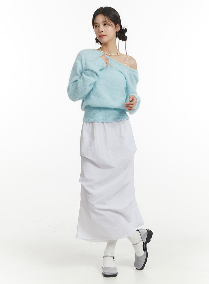 pintuck-nylon-maxi-skirt-of427 / White