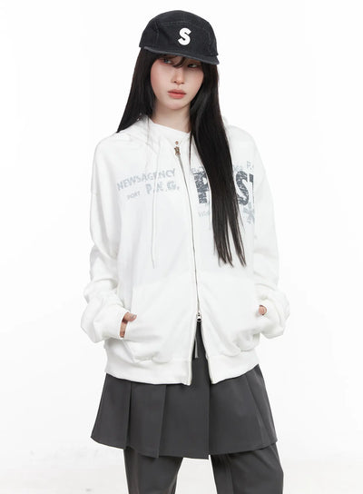 oversized-graphic-zip-up-hoodie-cf523 / White