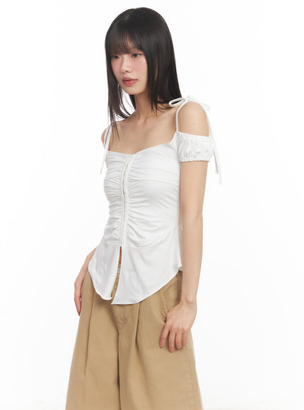 shirred-off-shoulder-puff-sleeve-top-ca523 / White