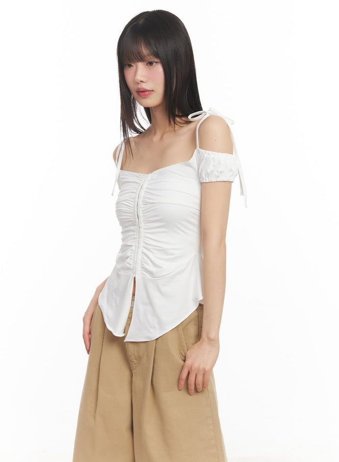 shirred-off-shoulder-puff-sleeve-top-ca523 / White