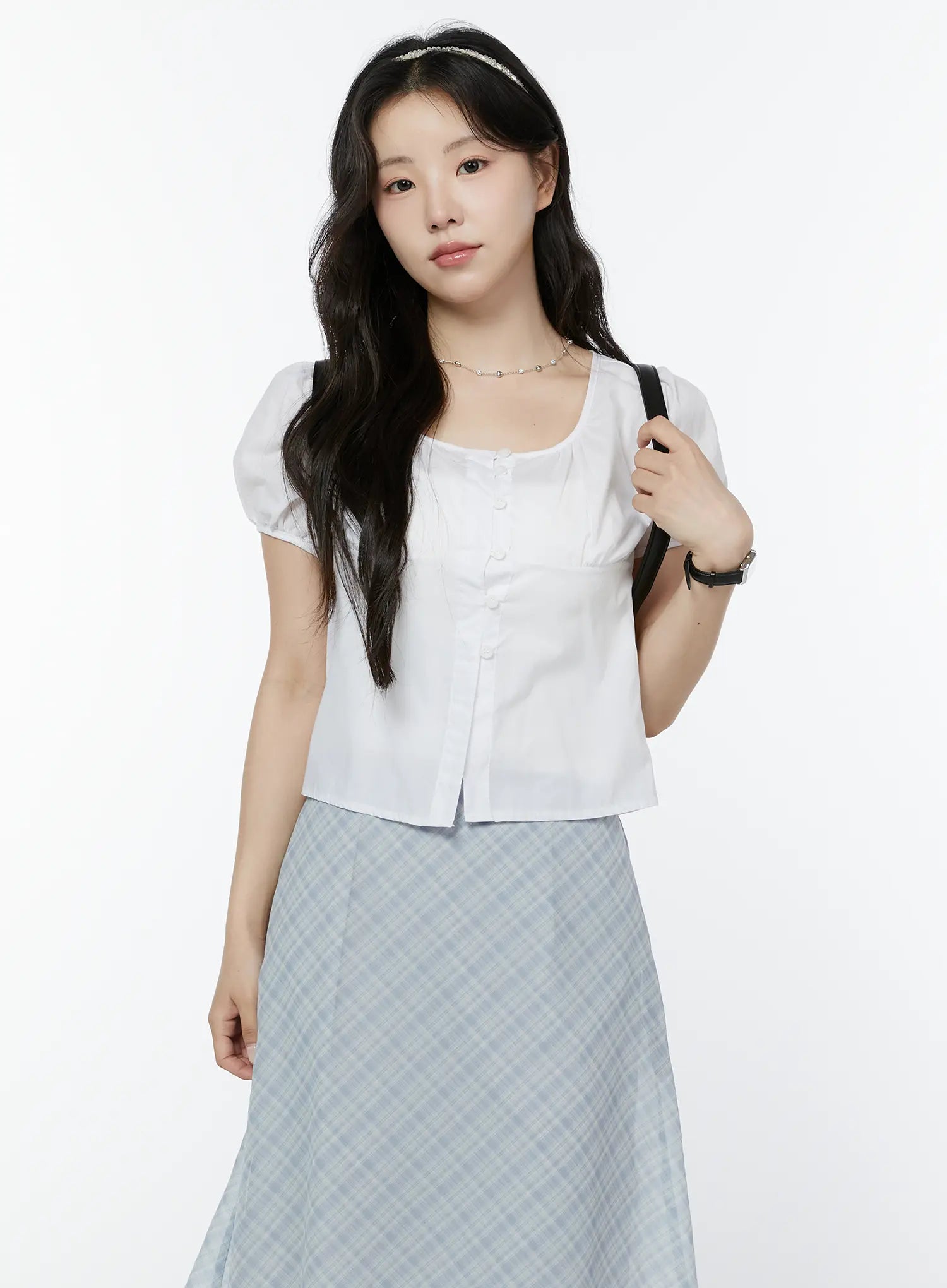 puff-sleeve-shirred-button-blouse-iy507 / White