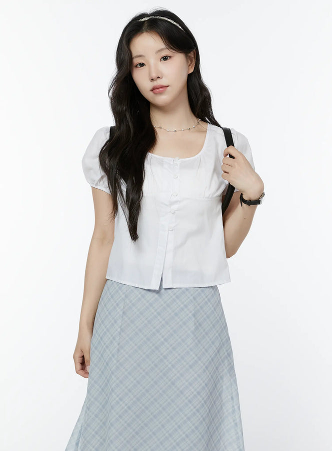puff-sleeve-shirred-button-blouse-iy507 / White