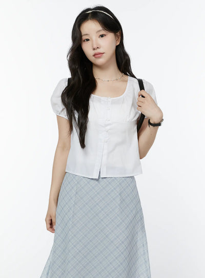 puff-sleeve-shirred-button-blouse-iy507 / White