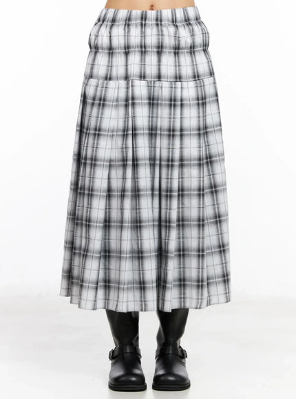 plaid-layered-maxi-skirt-ia507 / White