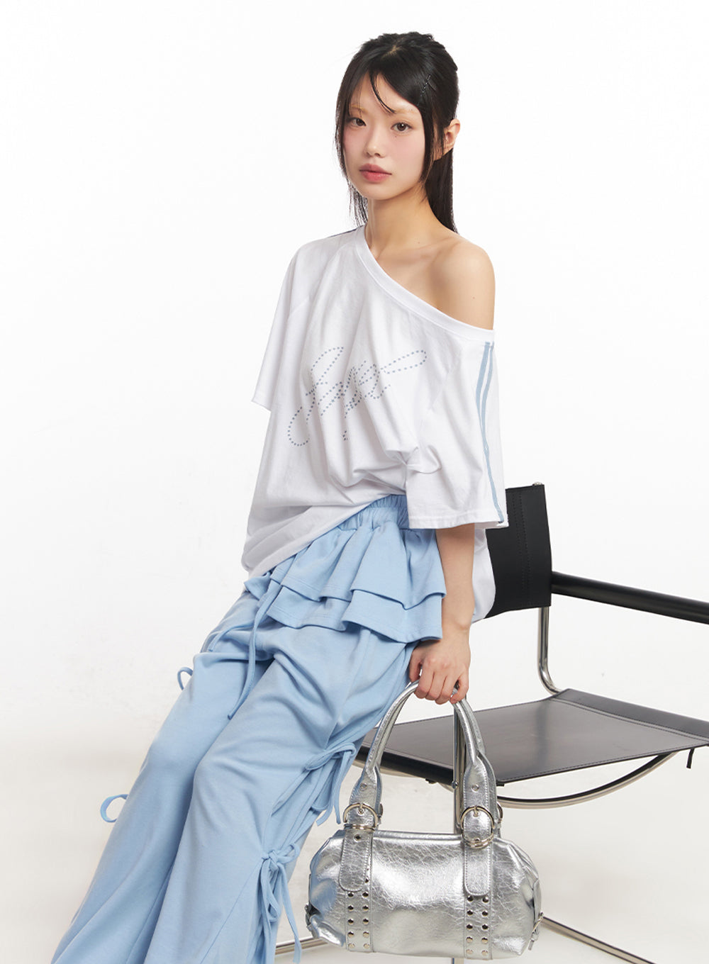 angel-stud-one-shoulder-stripe-t-shirt-iy502 / White