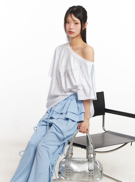 angel-stud-one-shoulder-stripe-t-shirt-iy502 / White